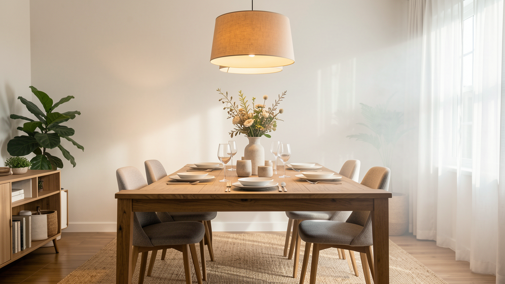 Imagem editorial ilustrando Luz embutida (Spot) ou Pendente: qual priorizar para a mesa de jantar?
