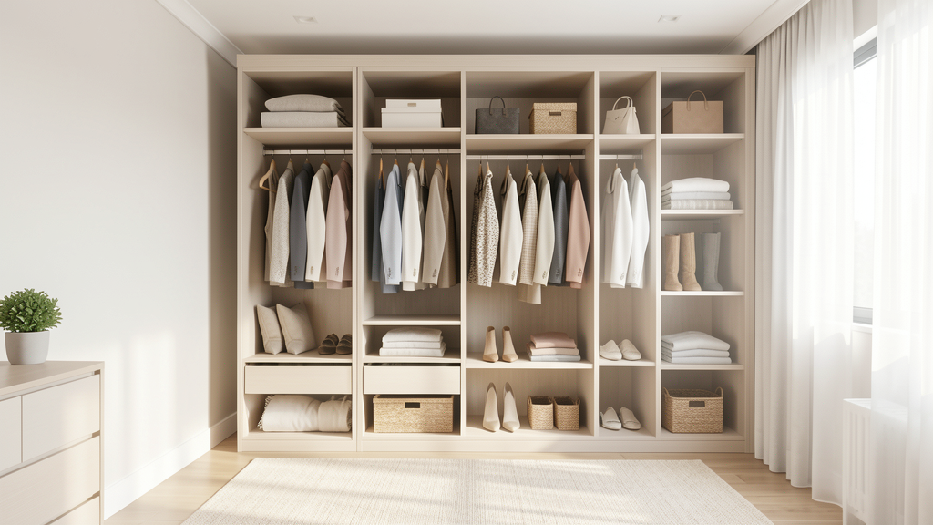 Imagem editorial ilustrando A Organização de Closet que Cala: O Método da Cor, Não da Peça